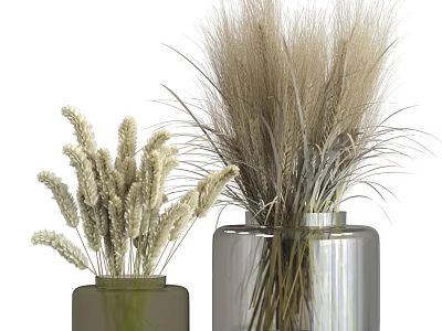 Decorative Ornament Set with Green and Transparent Vases Dried Grasses and Wheat Stems 3d model