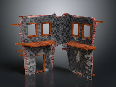 Damaged Architectural Structure Featuring Red Brick Walls Black Patterned Wallpaper And Wooden Details 3d model