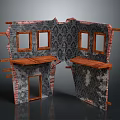 Damaged Architectural Structure Featuring Red Brick Walls Black Patterned Wallpaper And Wooden Details
