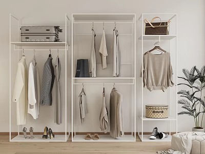 Modern Clothes Racks with Hanging Clothes Bags and Shoes in Minimalist Bedroom Storage Setup 3d model