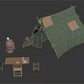 Green Camping Tent with Wooden Table Chairs Barrel and Lantern Setup 3d model