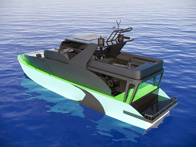Light Green And Black Yacht Floating On Blue Sea With Open Deck And Upper Structure 3d model