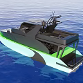 Light Green And Black Yacht Floating On Blue Sea With Open Deck And Upper Structure
