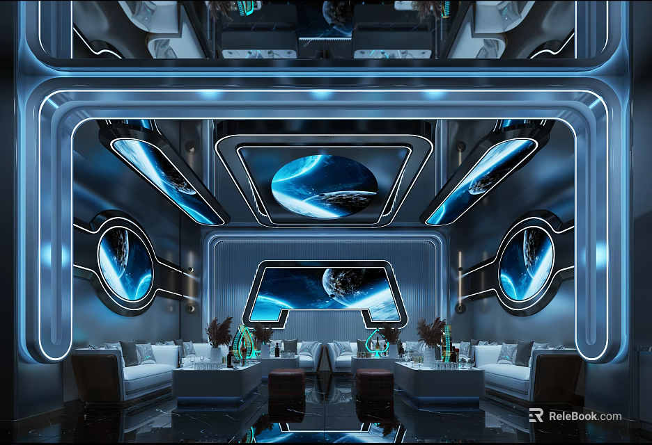 Modern KTV Room Interior With Blue Neon Lights Circular Screens And Comfortable Sofas 3d model 