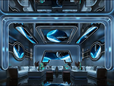 Modern KTV Room Interior With Blue Neon Lights Circular Screens And Comfortable Sofas 3d model