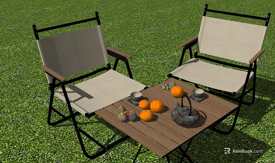 Outdoor Garden Table and Canvas Chairs Set With Fruits and Tea on Grass 3d model 