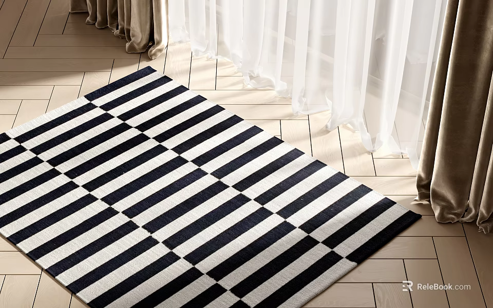 Black And White Striped Square Rug On Tile Floor 3d model