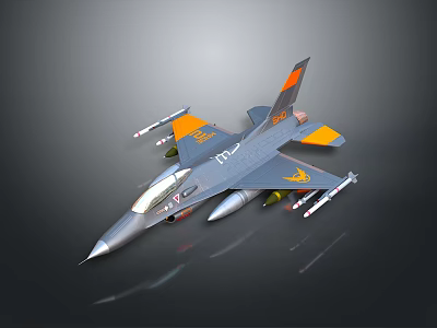 Gray Fighter Jet With Orange Yellow Accents And Missiles Attached On Wings 3d model