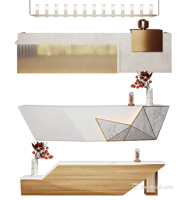 Elegant Modern Geometric Reception Desk with Marble Surface Gold Accents and Decorative Flower Vase 3d model 
