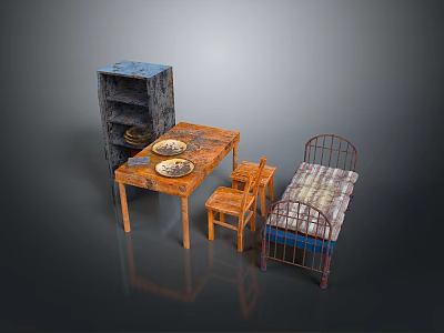 Wooden And Metal Furniture Set Including Table Chairs Cabinet And Bed 3d model