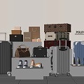 Stylish Travel Suitcases Leather Handbags And Paper Shopping Bags On Display With Shoes