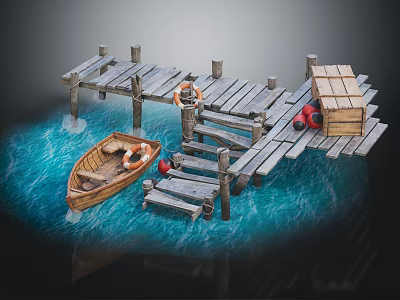 Wooden Boat at Wooden Dock with Cargo Crates and Life Rings on Blue Water 3d model