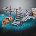 Wooden Boat at Wooden Dock with Cargo Crates and Life Rings on Blue Water