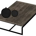 Wooden Coffee Table With Black Metal Legs And Wood Grain Surface Featuring Black Decorative Objects