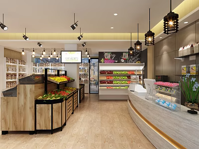 Modern Supermarket Interior With Fresh Fruits Vegetables Display Refrigerators Shelves Checkout Counter And Bright Lighting 3d model