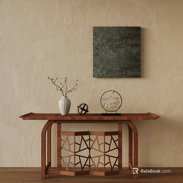 Wooden Console Table With Beige Textured Wall Dark Square Artwork White Vase And Geometric Decor 3d model 