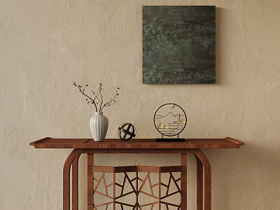 Wooden Console Table With Beige Textured Wall Dark Square Artwork White Vase And Geometric Decor 3d model