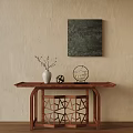 Wooden Console Table With Beige Textured Wall Dark Square Artwork White Vase And Geometric Decor