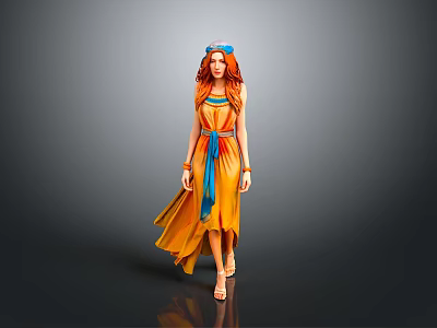Woman with Red Hair and Blue Headband Wearing Yellow Dress on Dark Background 3d model