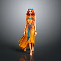 Woman with Red Hair and Blue Headband Wearing Yellow Dress on Dark Background