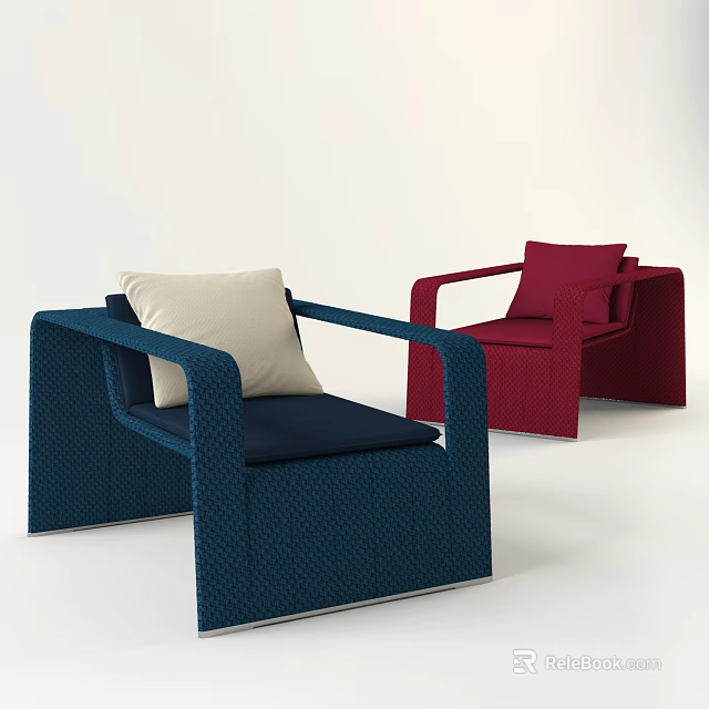 Modern Single Sofa With Woven Design Blue Red Cushion Comfortable Seating 3d model