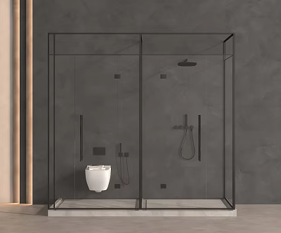 Modern Steam Shower Interior With Glass Enclosure Gray Wall And Dual Showerheads 3d model