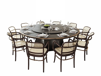 Dining Table and Chair Combination Round Dining Table Dining Chair Tableware 3d model