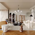 Modern Living Room Interior With Tan White Sofa Pendant Light Bookshelf Fireplace Wooden Floor Rug