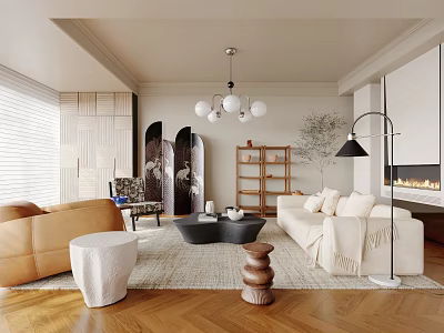 Modern Living Room Interior With Tan White Sofa Pendant Light Bookshelf Fireplace Wooden Floor Rug 3d model