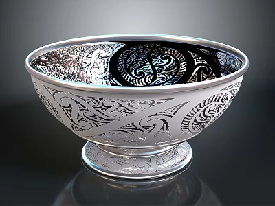Intricate Sculpture Carving On Silver Bowl With Pedestal Base And Detailed Patterns 3d model