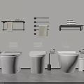 Modern Bathroom Interior With Three White Toilets And Wall Mounted Accessories