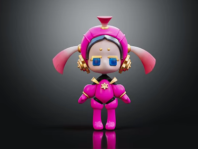 Pink Robot Character With Twin Pigtails Gold Accents And Blue Goggles 3d model