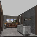 Elegant Front Desk Reception Area With Marble Counter Sofa Wooden Walls And Potted Plants