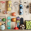Various Sports Equipment Including Basketballs Soccer Balls Dumbbells Skateboards And Tennis Rackets On Wall