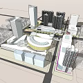 Modern Commercial Street With Geometric Roof Structure Glass Facades And Busy Pedestrians