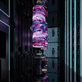 Modern Luxury Interior Featuring Large Colorful Artistic Chandelier Neon Lighting Display Shelves And Reflective Floor