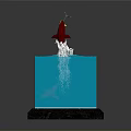 Transparent Cube Container With Red Fish Jumping Water Splashes And White Sand
