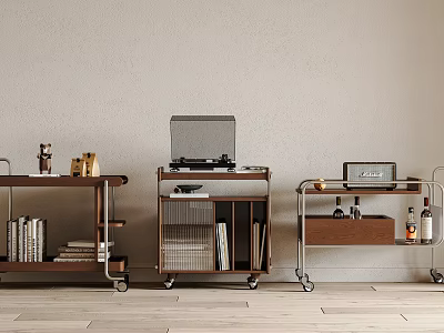 Modern Wooden Side Carts On Wheels With Storage Shelves For Books And Decor Items 3d model