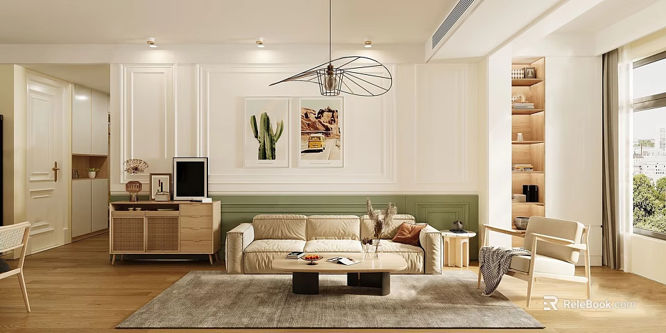 Modern Living And Dining Room Interior With Sofa Coffee Table Chandelier And Decorative Paintings 3d model 