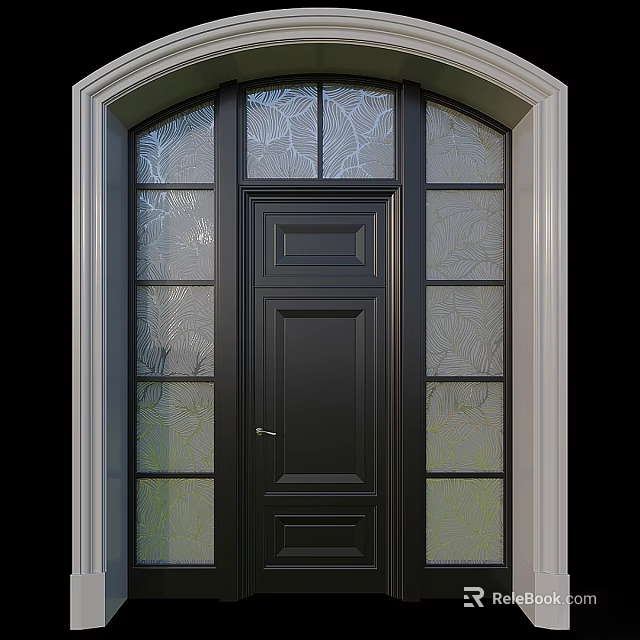Black Swing Door With Patterned Glass Panels And White Frame Design 3d model