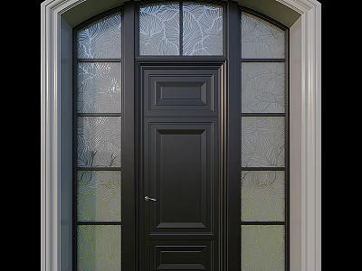 Black Swing Door With Patterned Glass Panels And White Frame Design 3d model