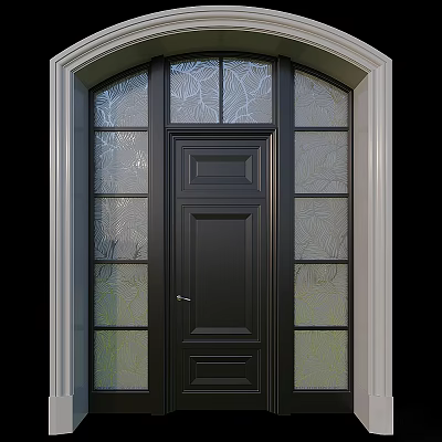 Black Swing Door With Patterned Glass Panels And White Frame Design 3d model