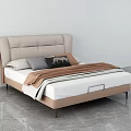 Modern Double Bed With Tufted Beige Headboard Multiple Pillows And Brown Blanket 3d model