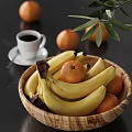 Fresh Ripe Bananas and Juicy Oranges in Natural Wooden Bowl on Table