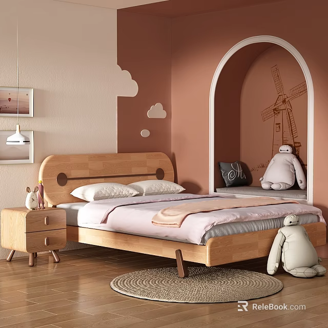 Cozy Kids Bed With Wooden Headboard Pink Bedding Small Nightstand Cloud Decorations And Stuffed Toys 3d model 