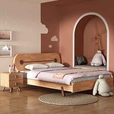 Cozy Kids Bed With Wooden Headboard Pink Bedding Small Nightstand Cloud Decorations And Stuffed Toys 3d model