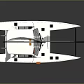 Modern Catamaran Sailboat with Black Sail and White Hull on Water