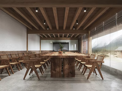 Modern Wooden Meeting Room With Long Table Chairs Wooden Beam Ceiling And Mountain View Windows 3d model