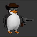 3D Penguin Character Wearing Brown Cowboy Hat Sunglasses Holding Revolver
