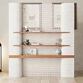 Modern White Grid Patterned Room Divider With Wooden Shelves And Decorative Items